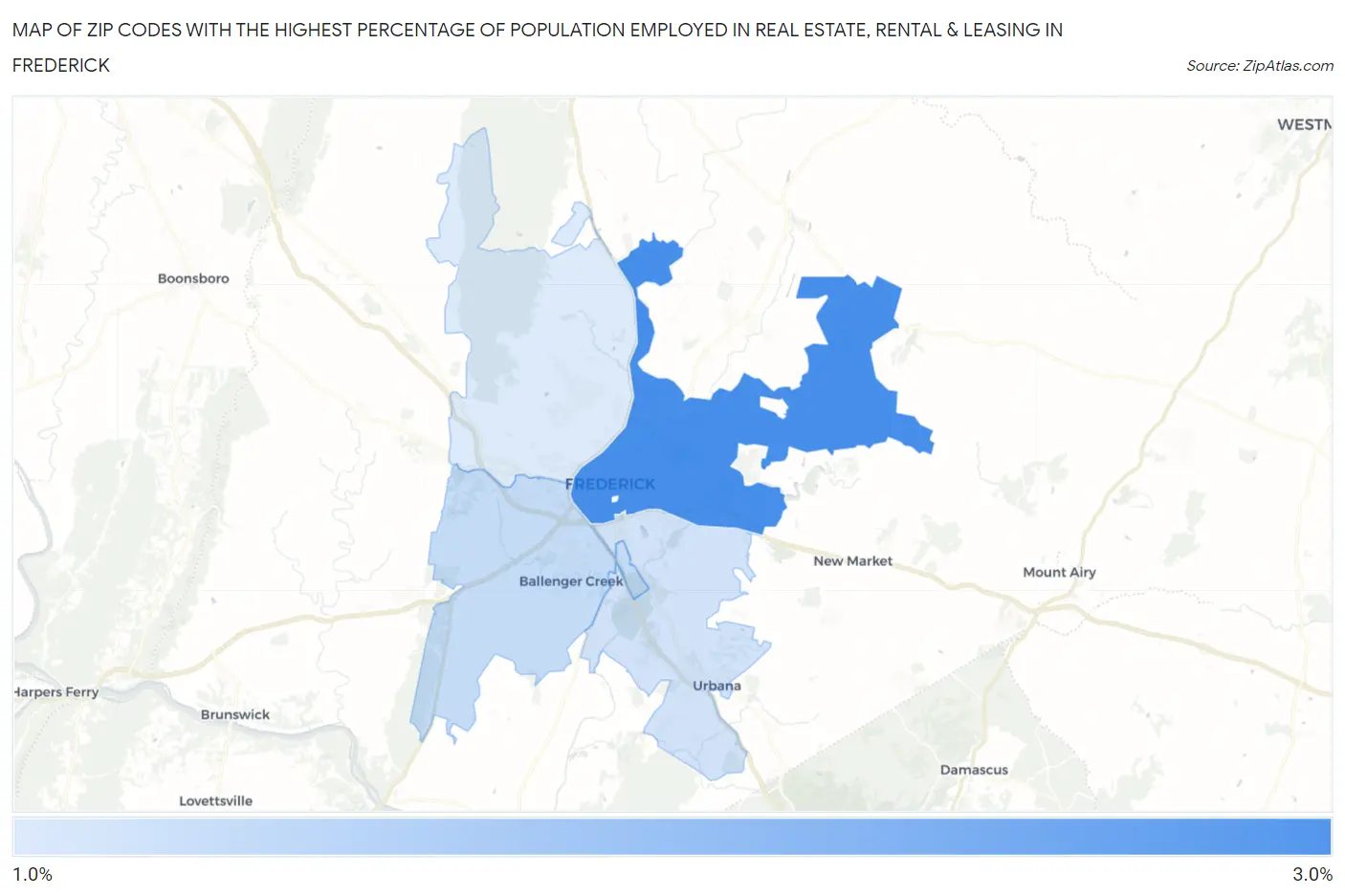Zip Codes with the Highest Percentage of Population Employed in Real Estate, Rental & Leasing in Frederick Map