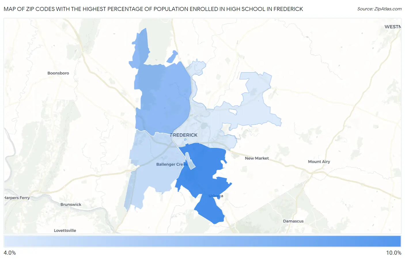 Zip Codes with the Highest Percentage of Population Enrolled in High School in Frederick Map