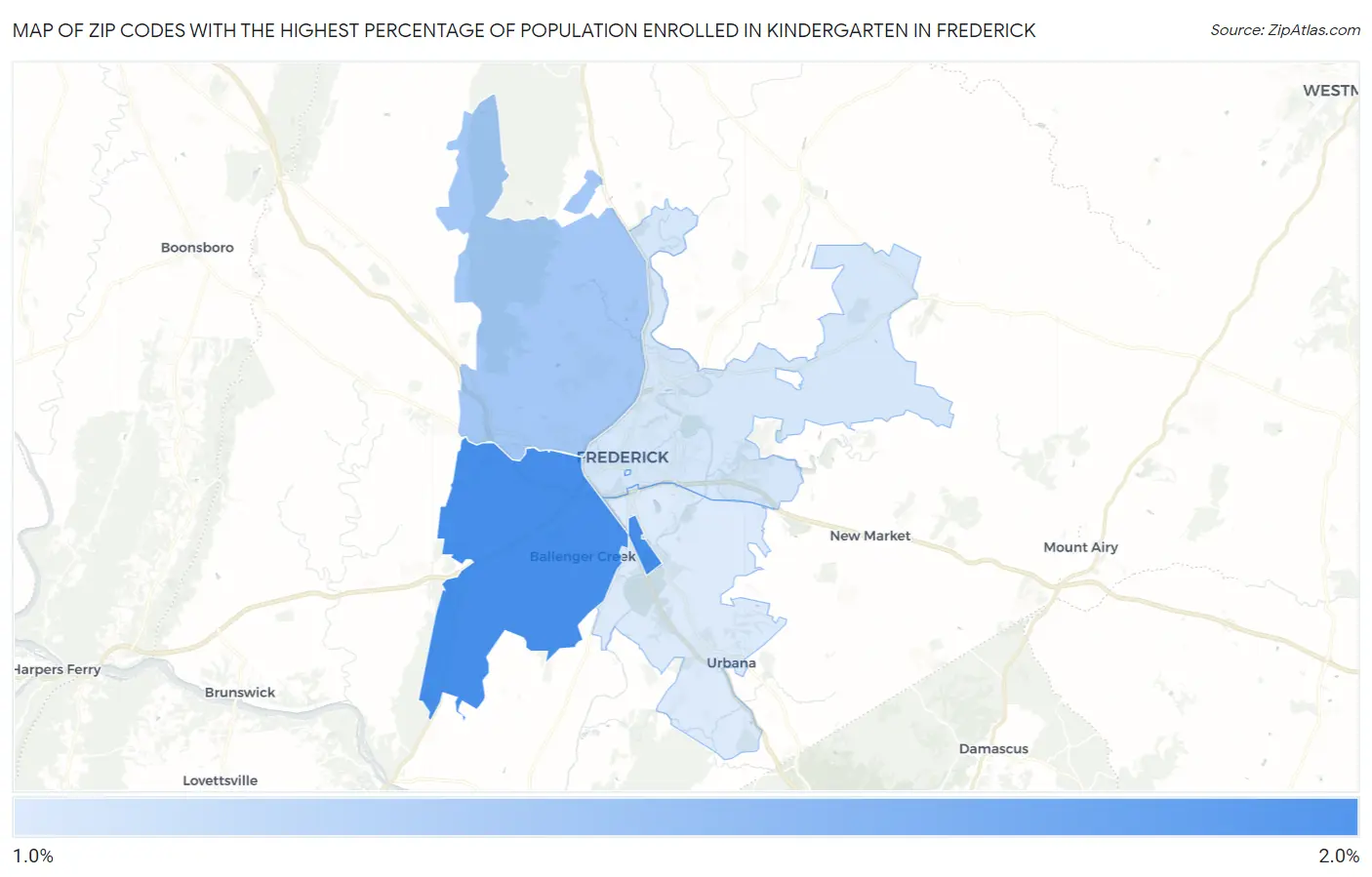 Zip Codes with the Highest Percentage of Population Enrolled in Kindergarten in Frederick Map