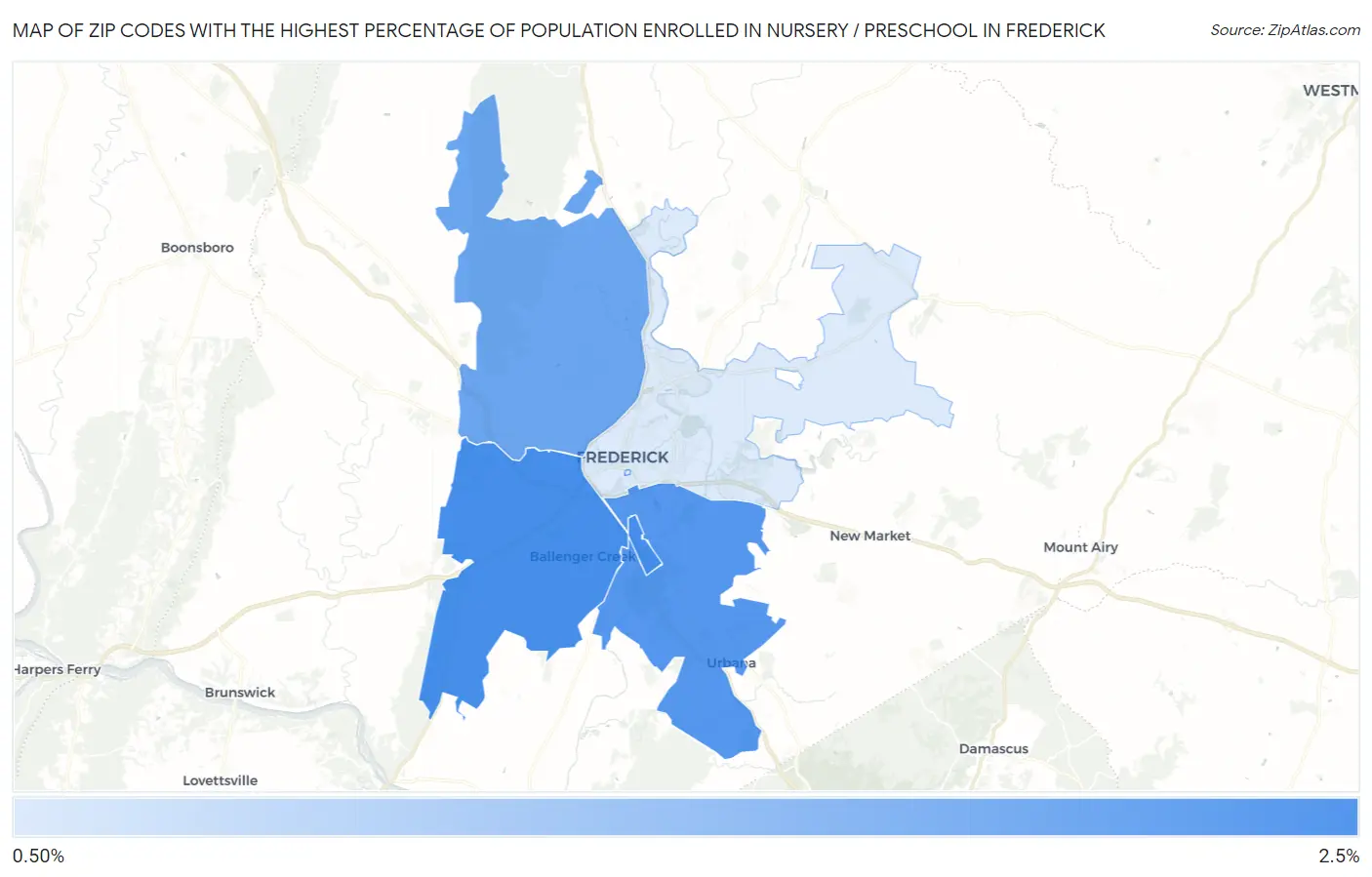 Zip Codes with the Highest Percentage of Population Enrolled in Nursery / Preschool in Frederick Map