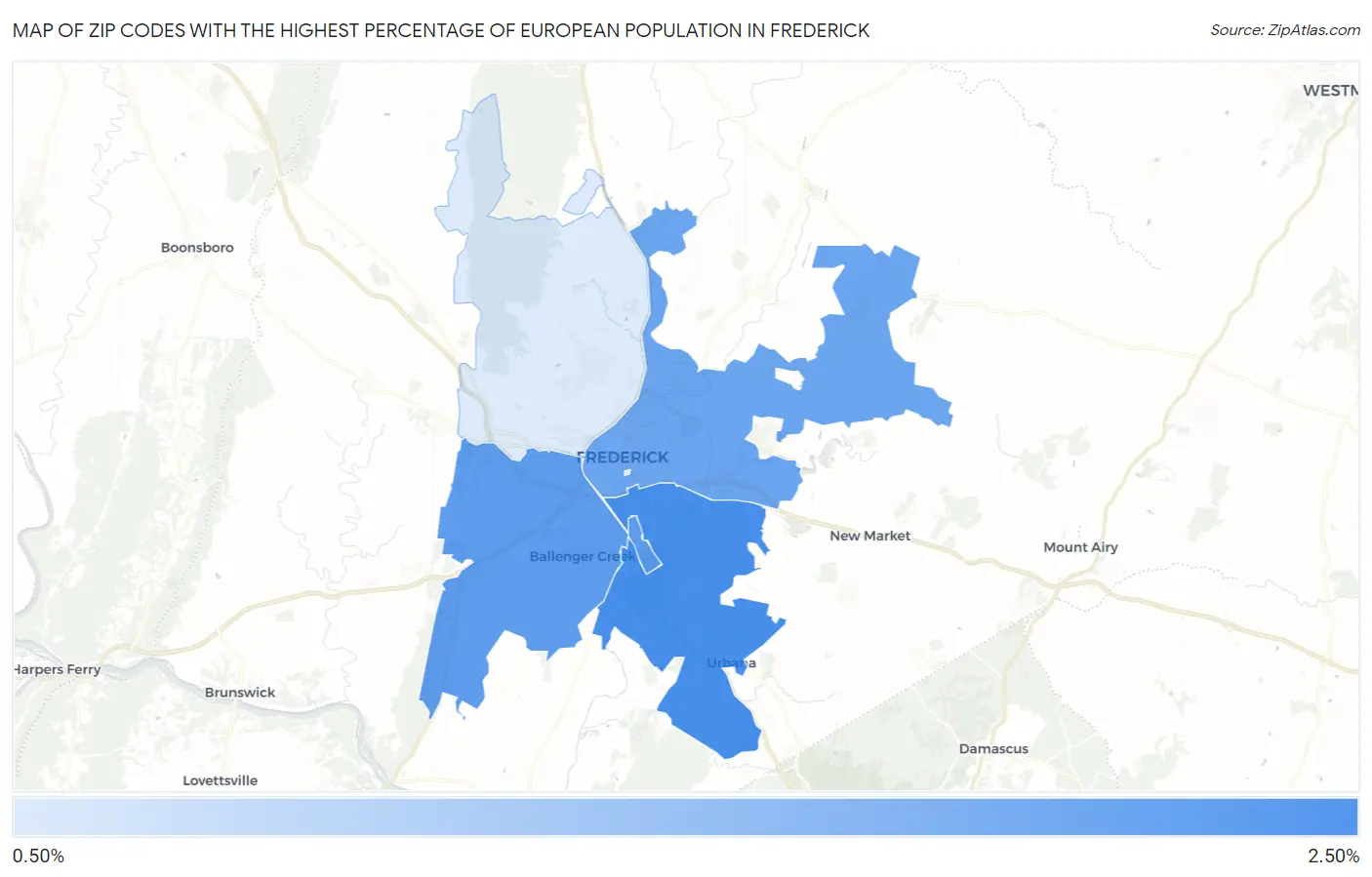 Zip Codes with the Highest Percentage of European Population in Frederick Map