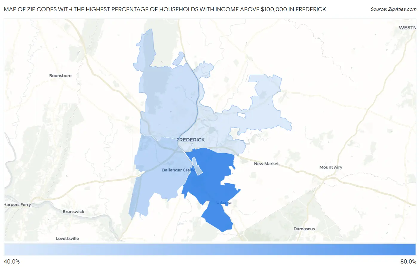 Zip Codes with the Highest Percentage of Households with Income Above $100,000 in Frederick Map