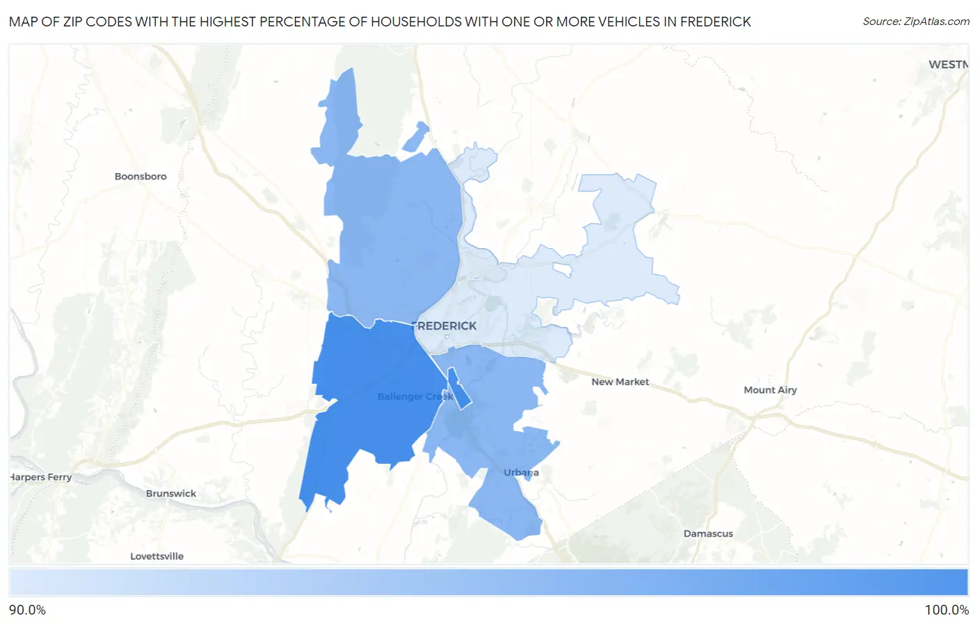 Zip Codes with the Highest Percentage of Households With One or more Vehicles in Frederick Map