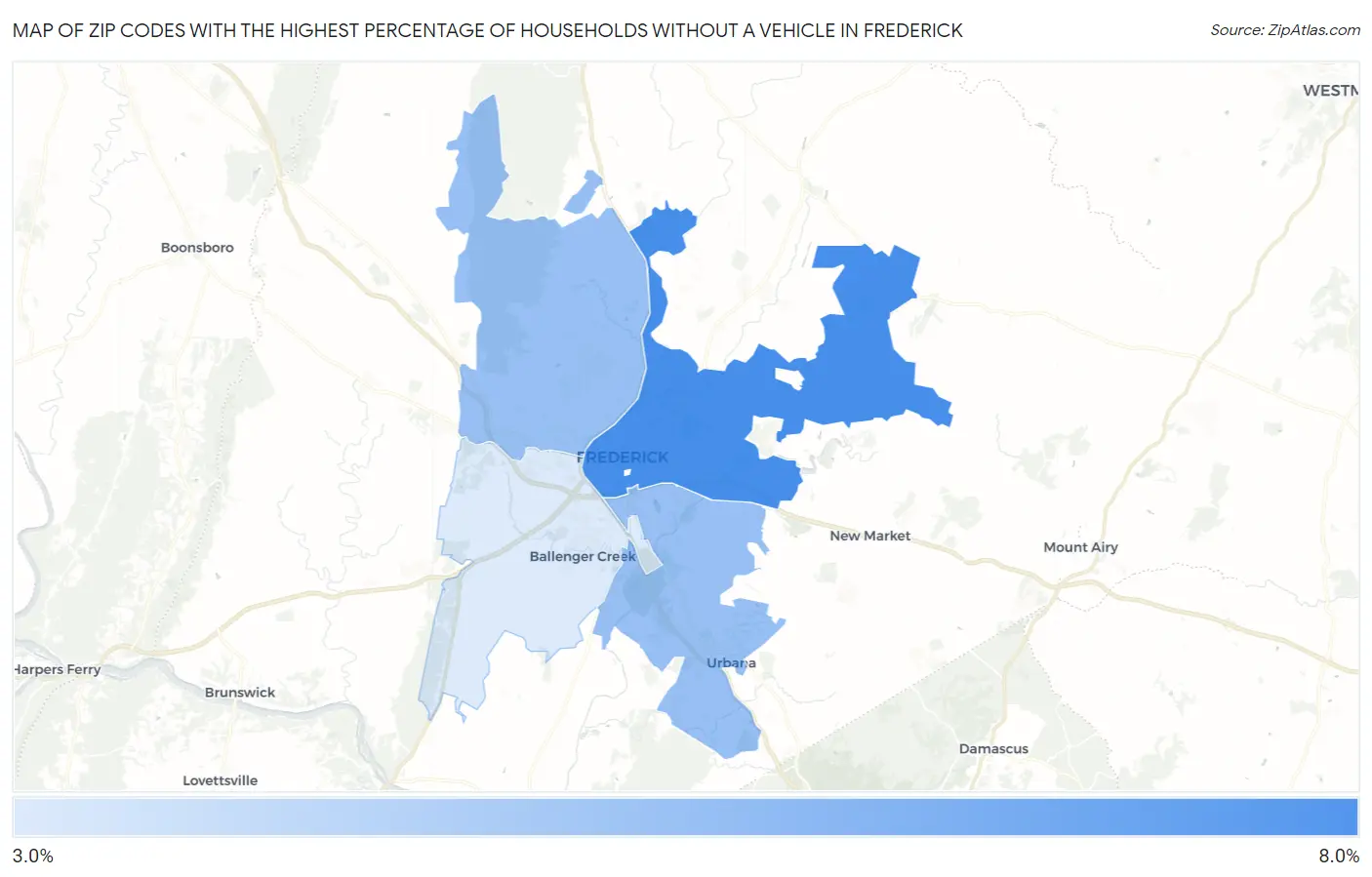 Zip Codes with the Highest Percentage of Households Without a Vehicle in Frederick Map