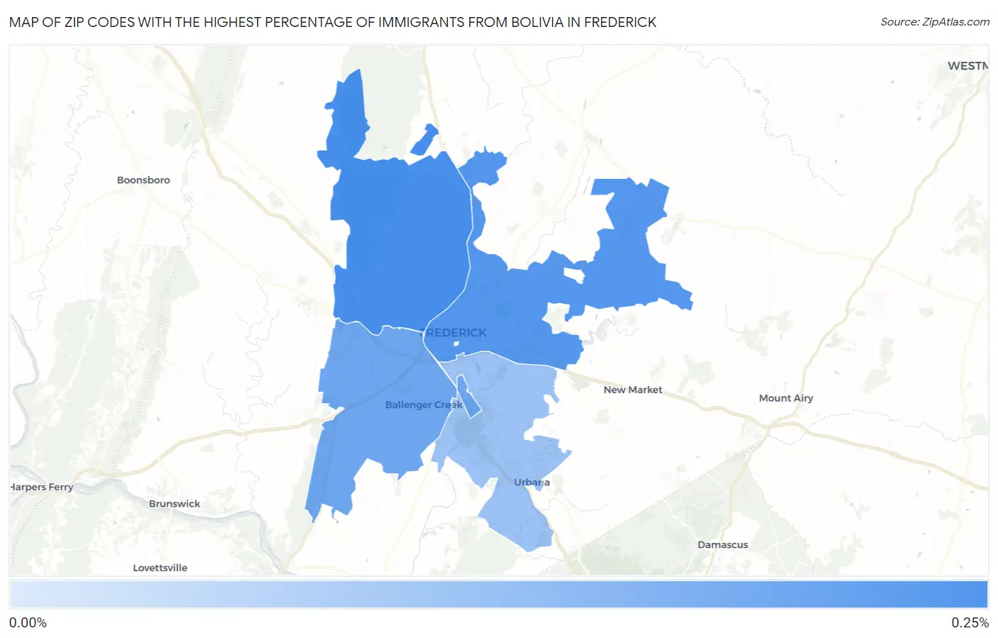 Zip Codes with the Highest Percentage of Immigrants from Bolivia in Frederick Map