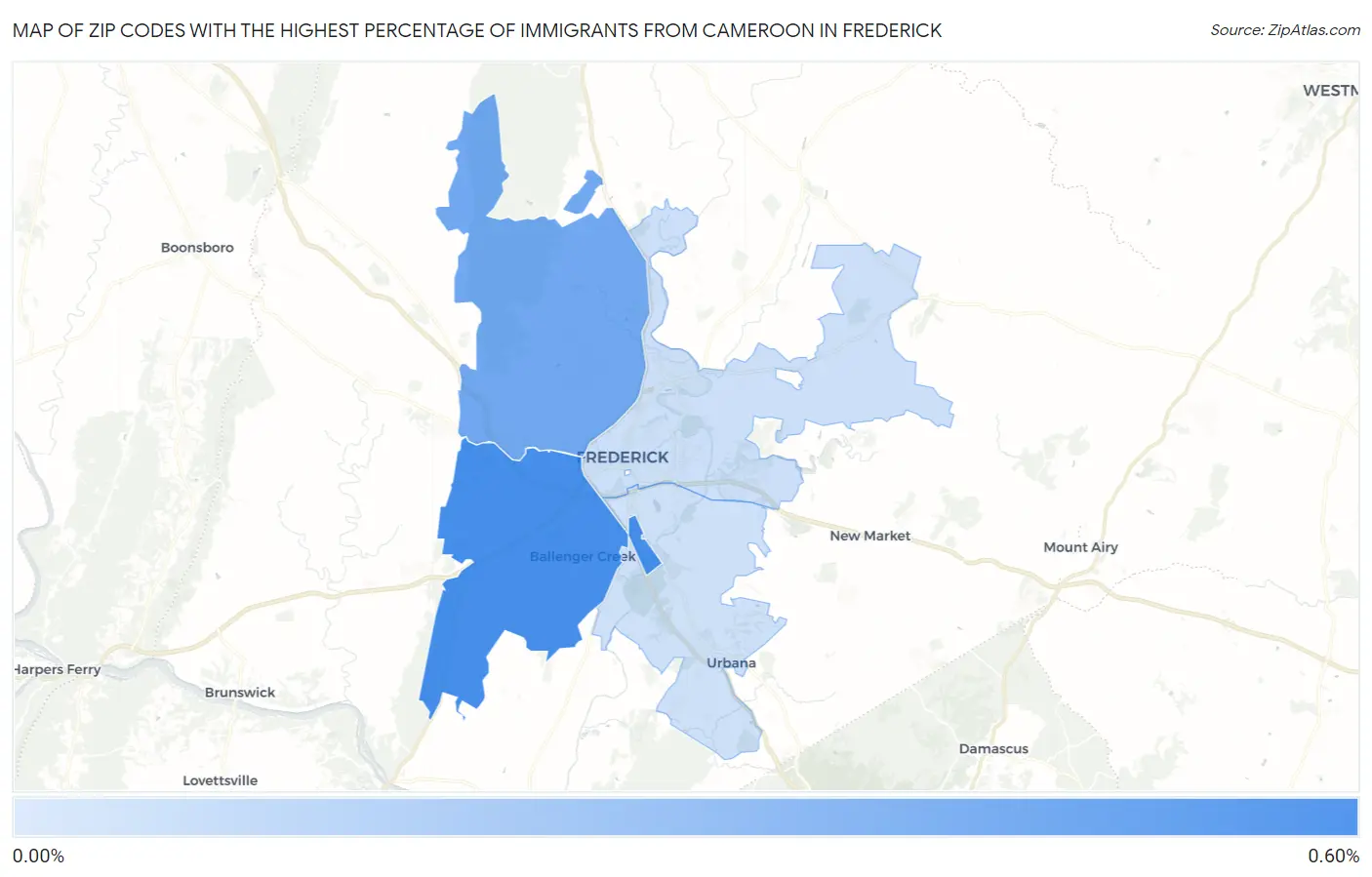 Zip Codes with the Highest Percentage of Immigrants from Cameroon in Frederick Map