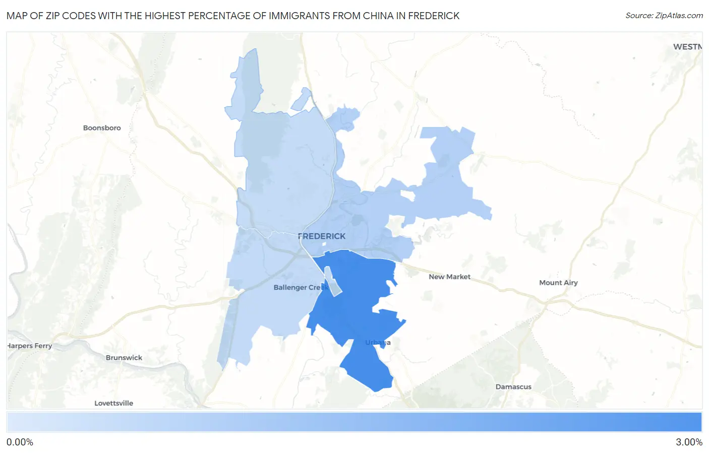 Zip Codes with the Highest Percentage of Immigrants from China in Frederick Map