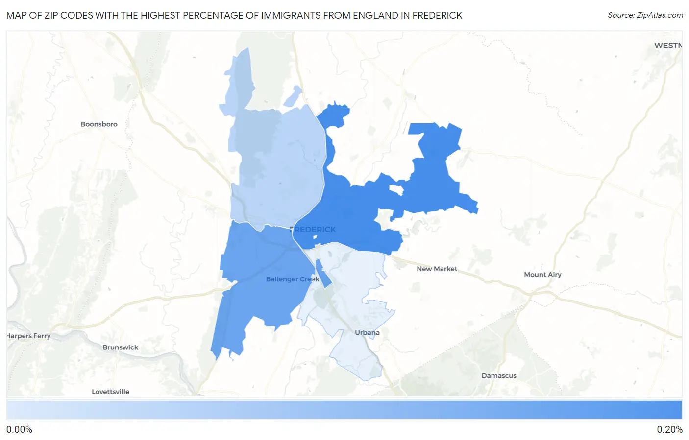 Zip Codes with the Highest Percentage of Immigrants from England in Frederick Map