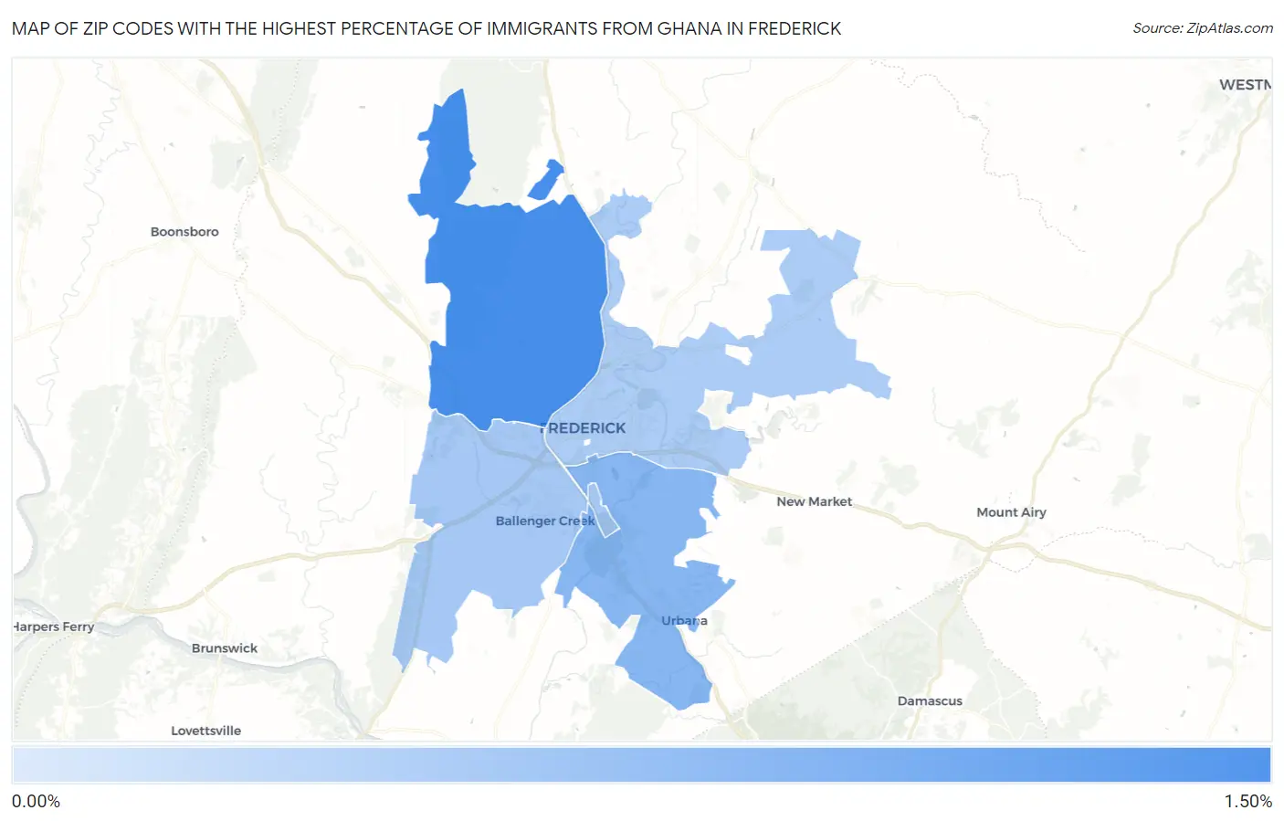 Zip Codes with the Highest Percentage of Immigrants from Ghana in Frederick Map