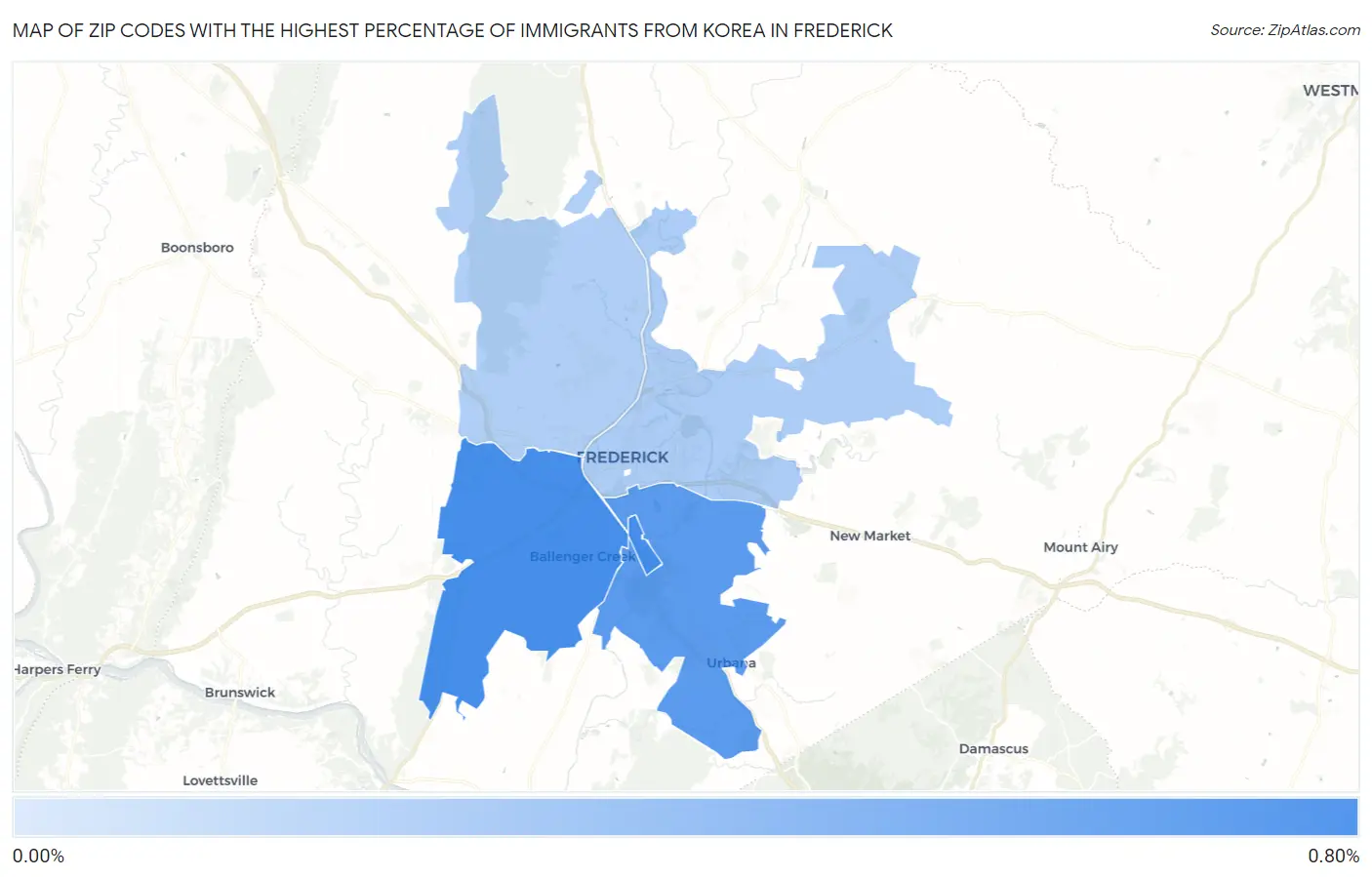 Zip Codes with the Highest Percentage of Immigrants from Korea in Frederick Map