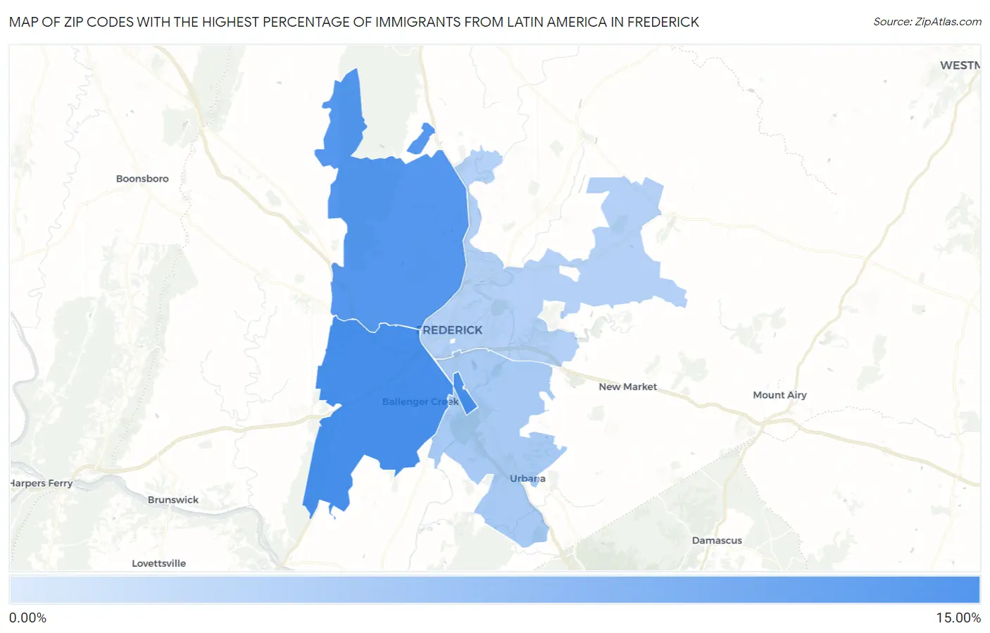 Zip Codes with the Highest Percentage of Immigrants from Latin America in Frederick Map