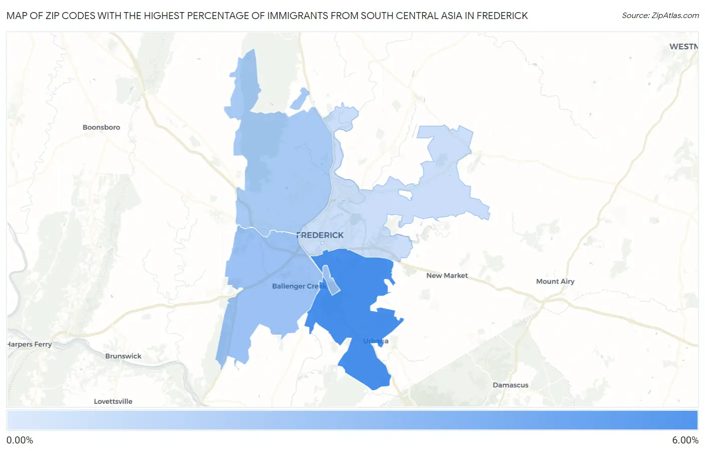 Zip Codes with the Highest Percentage of Immigrants from South Central Asia in Frederick Map