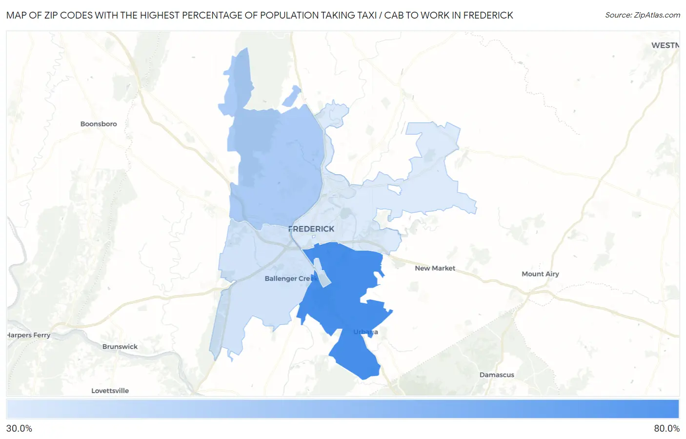 Zip Codes with the Highest Percentage of Population Taking Taxi / Cab to Work in Frederick Map