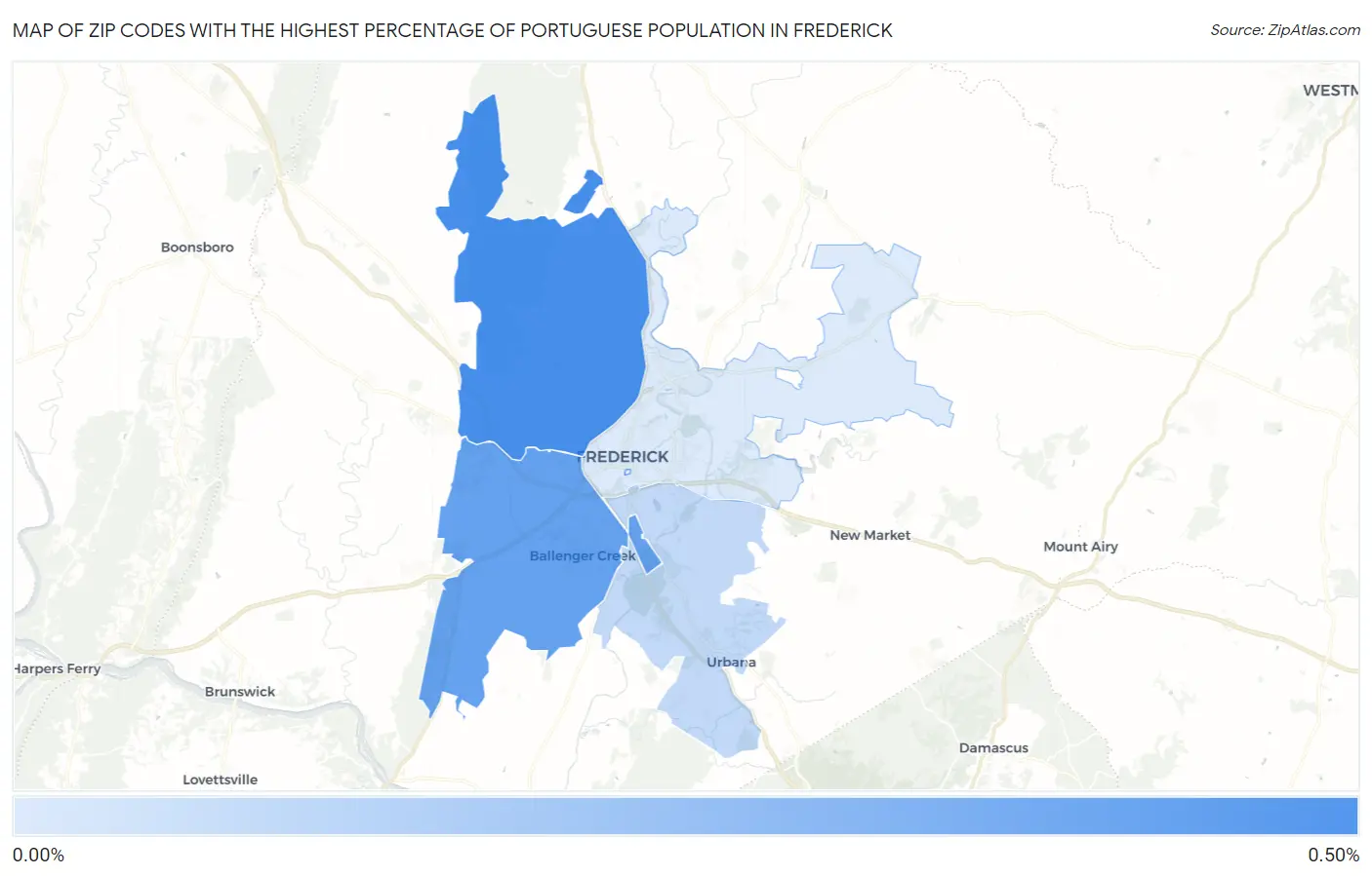 Zip Codes with the Highest Percentage of Portuguese Population in Frederick Map