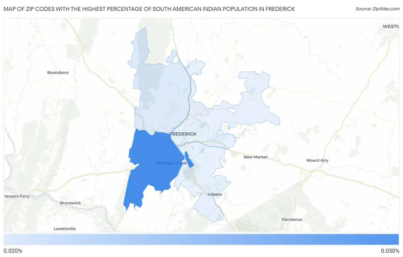 Zip Codes with the Highest Percentage of South American Indian Population in Frederick Map