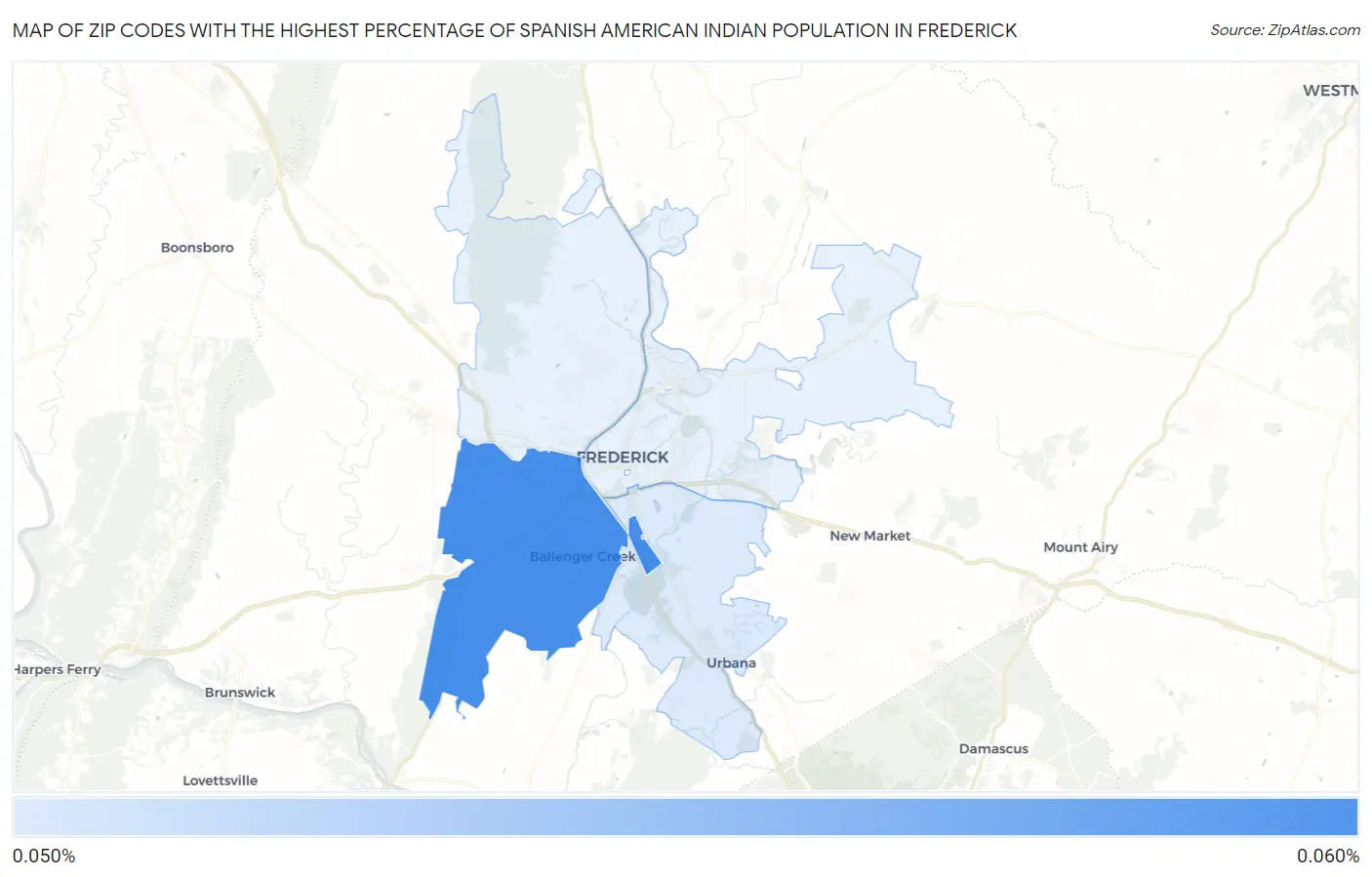 Zip Codes with the Highest Percentage of Spanish American Indian Population in Frederick Map
