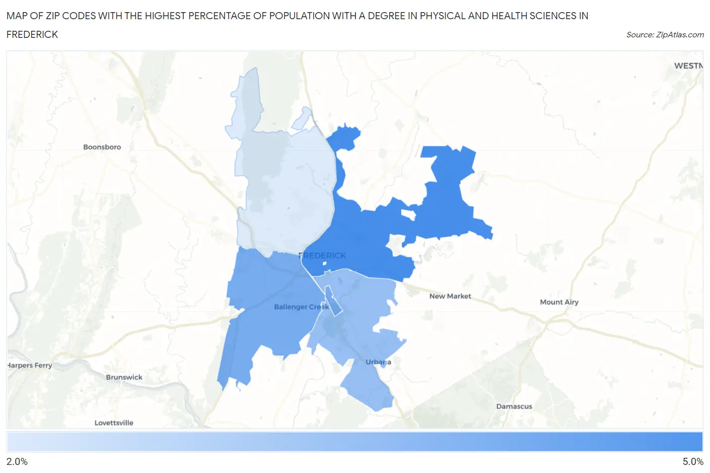 Zip Codes with the Highest Percentage of Population with a Degree in Physical and Health Sciences in Frederick Map