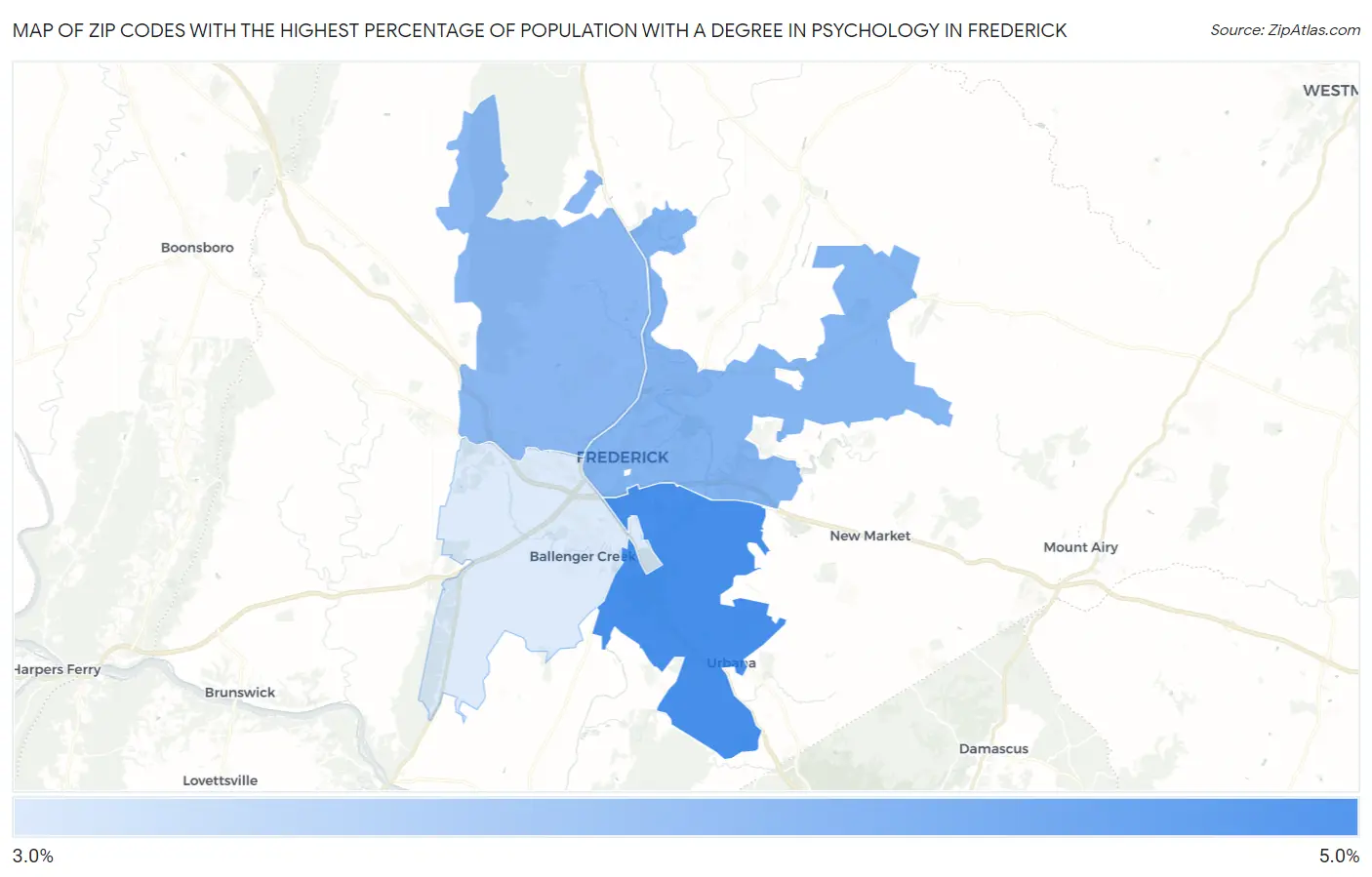 Zip Codes with the Highest Percentage of Population with a Degree in Psychology in Frederick Map
