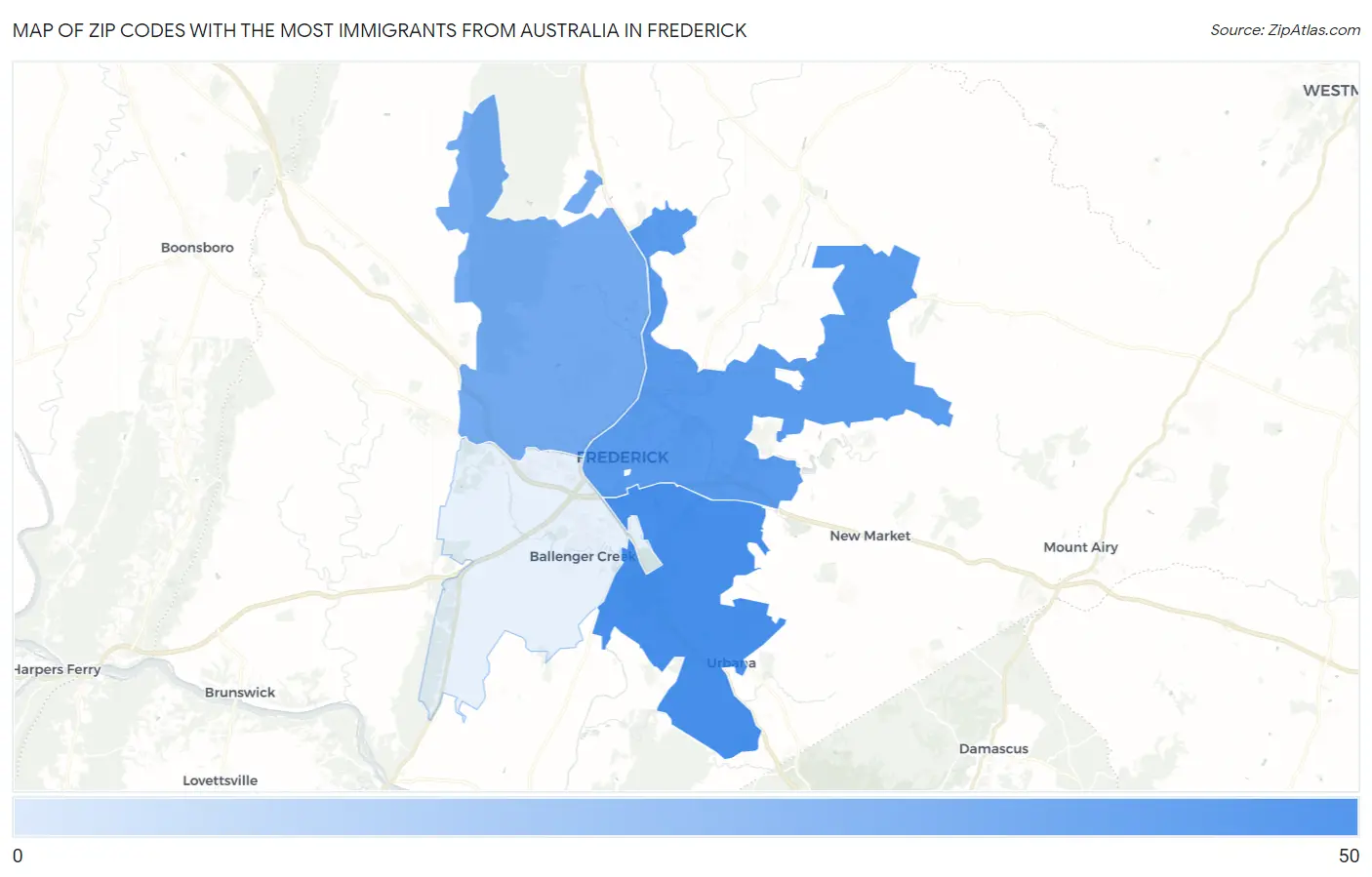Zip Codes with the Most Immigrants from Australia in Frederick Map