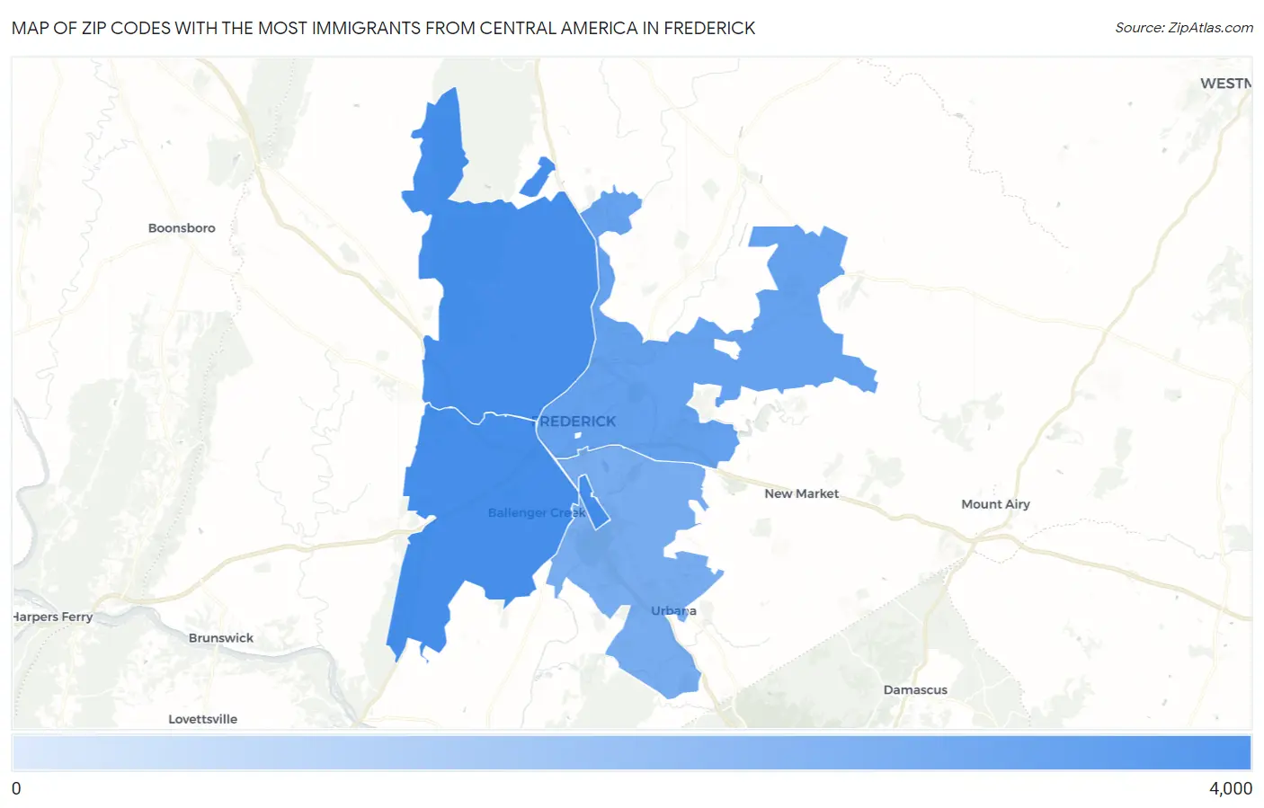 Zip Codes with the Most Immigrants from Central America in Frederick Map