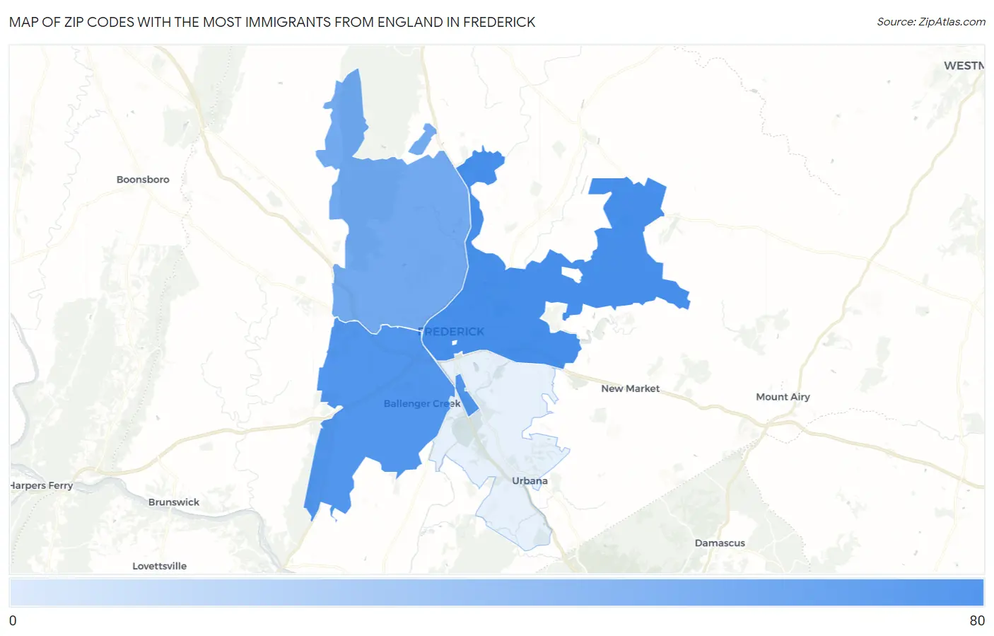 Zip Codes with the Most Immigrants from England in Frederick Map
