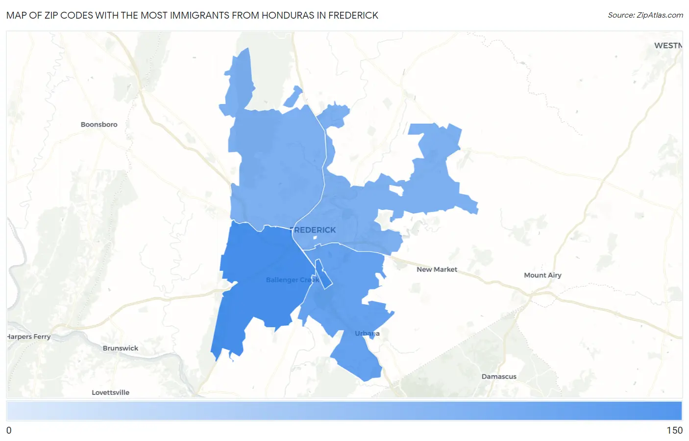 Zip Codes with the Most Immigrants from Honduras in Frederick Map