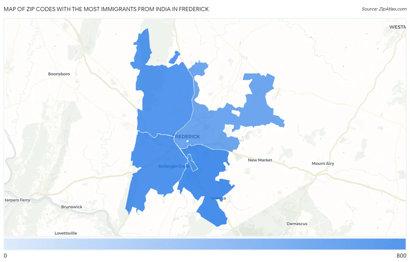 Zip Codes with the Most Immigrants from India in Frederick Map