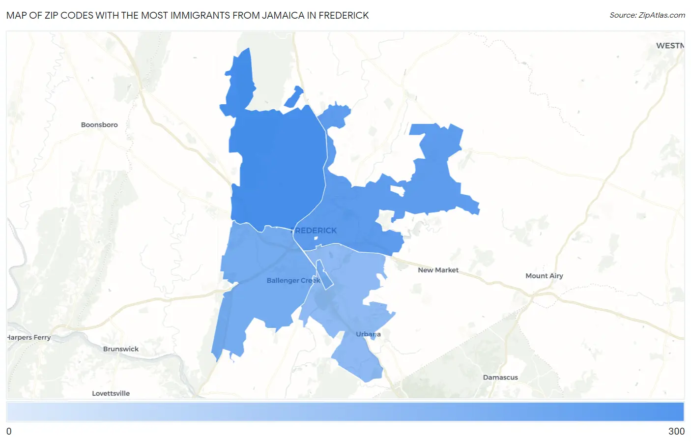 Zip Codes with the Most Immigrants from Jamaica in Frederick Map