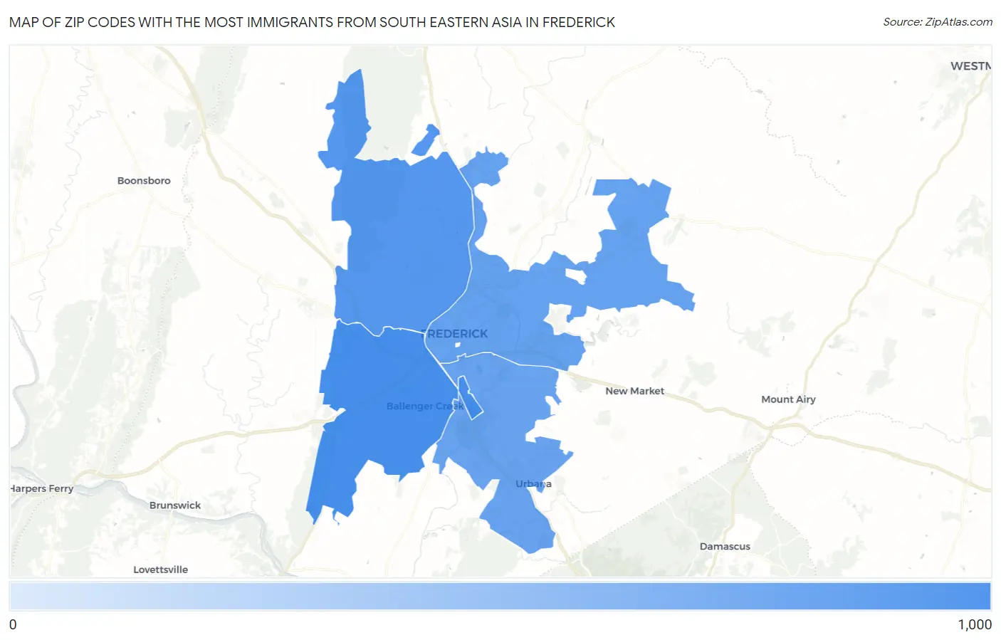 Zip Codes with the Most Immigrants from South Eastern Asia in Frederick Map