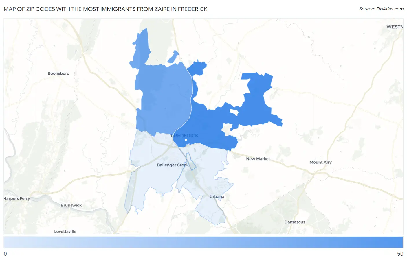 Zip Codes with the Most Immigrants from Zaire in Frederick Map