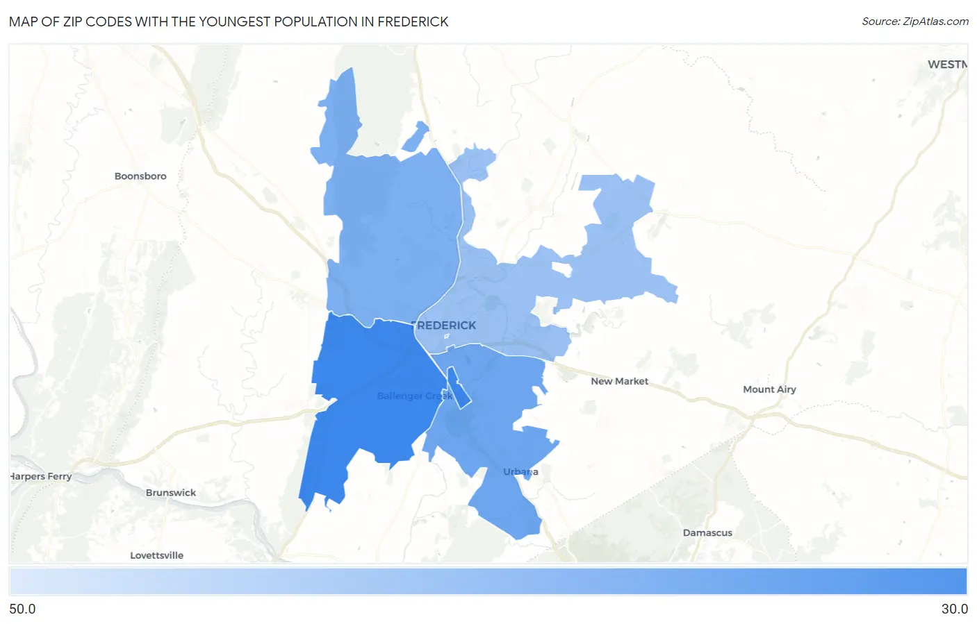 Zip Codes with the Youngest Population in Frederick Map