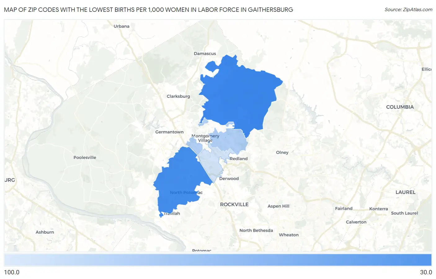 Zip Codes with the Lowest Births per 1,000 Women in Labor Force in Gaithersburg Map