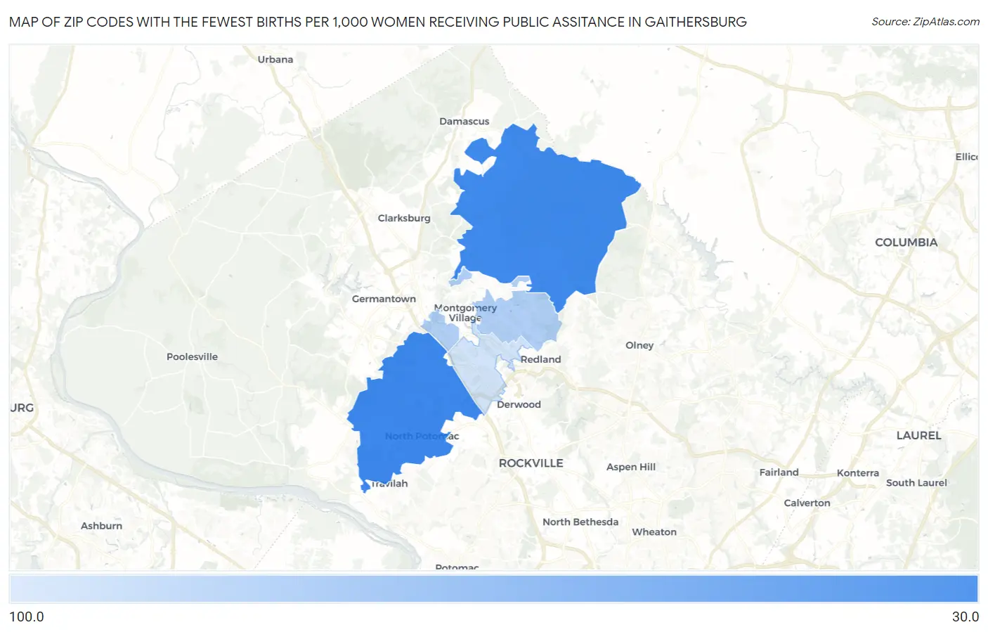 Zip Codes with the Fewest Births per 1,000 Women Receiving Public Assitance in Gaithersburg Map