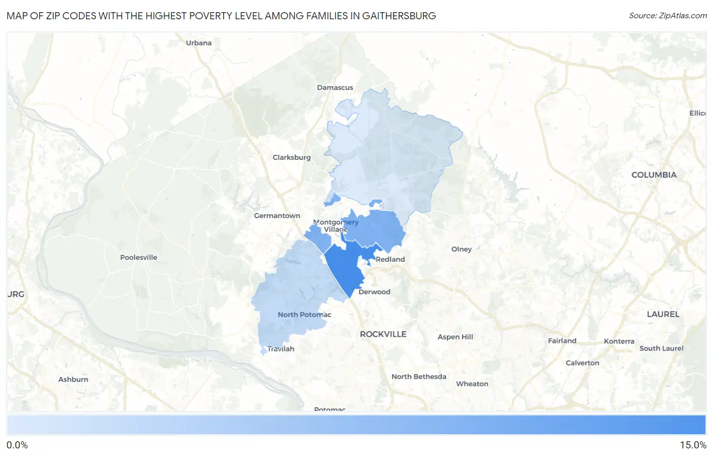 Zip Codes with the Highest Poverty Level Among Families in Gaithersburg Map