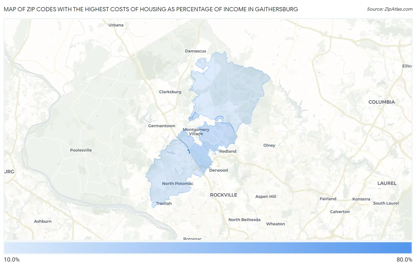 Zip Codes with the Highest Costs of Housing as Percentage of Income in Gaithersburg Map
