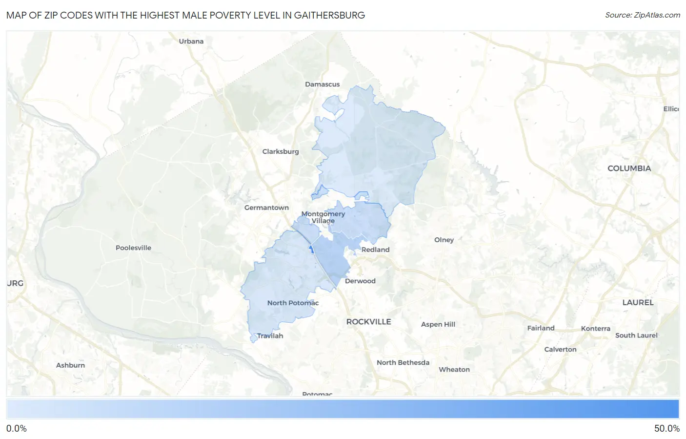 Zip Codes with the Highest Male Poverty Level in Gaithersburg Map
