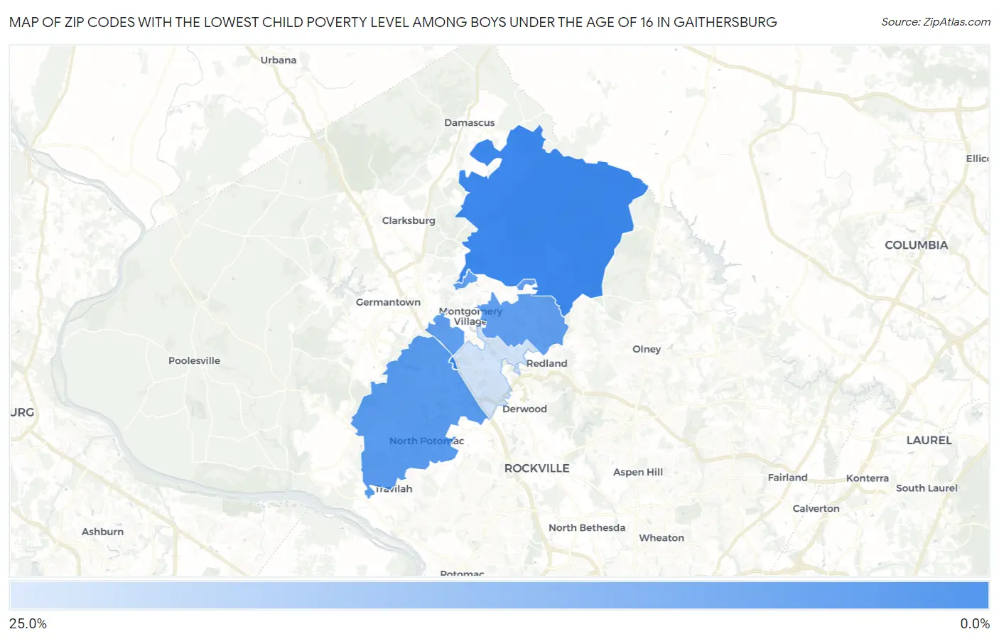 Zip Codes with the Lowest Child Poverty Level Among Boys Under the Age of 16 in Gaithersburg Map