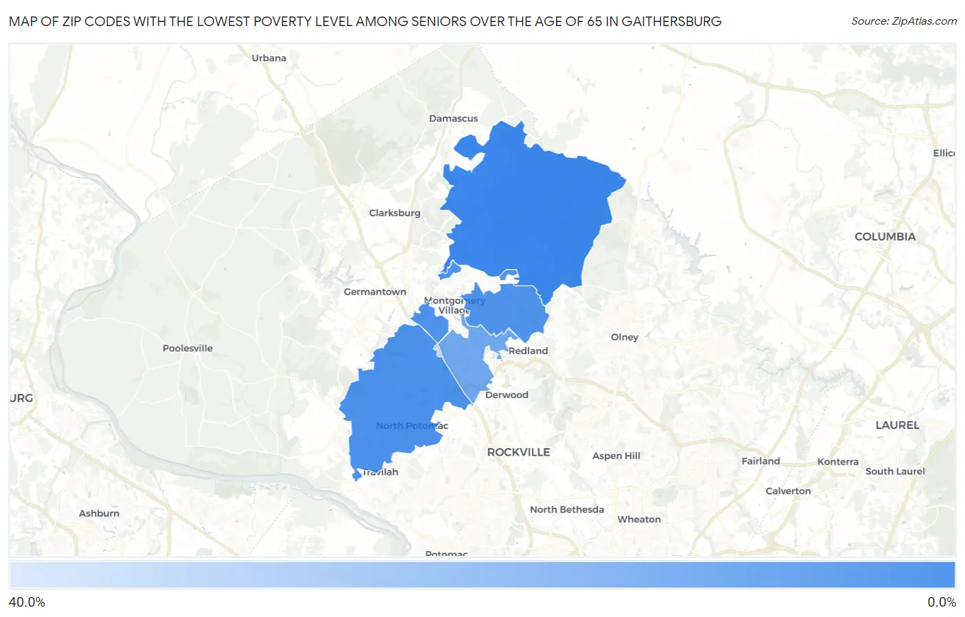 Zip Codes with the Lowest Poverty Level Among Seniors Over the Age of 65 in Gaithersburg Map