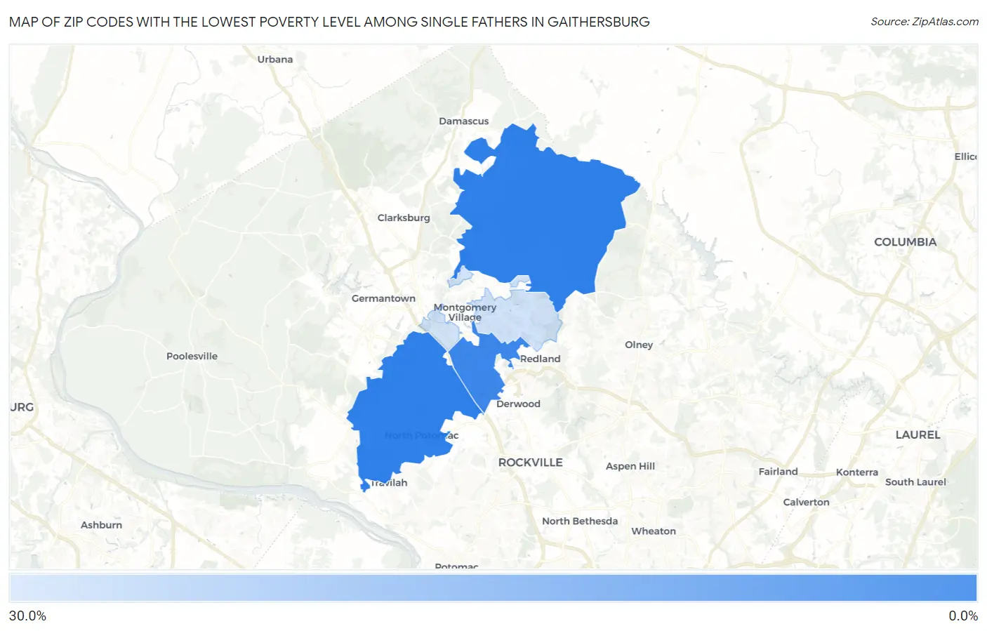 Zip Codes with the Lowest Poverty Level Among Single Fathers in Gaithersburg Map