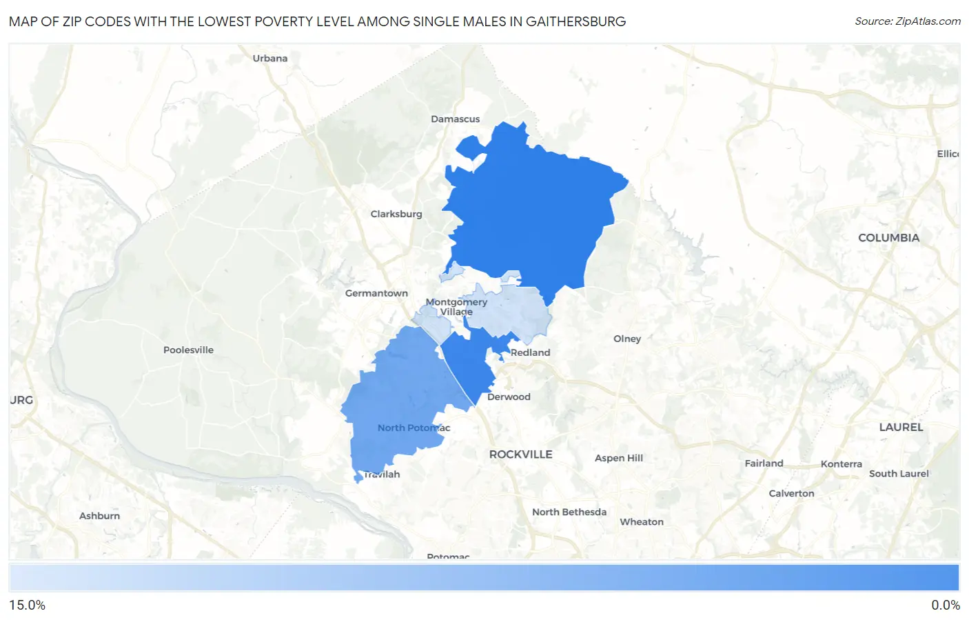 Zip Codes with the Lowest Poverty Level Among Single Males in Gaithersburg Map