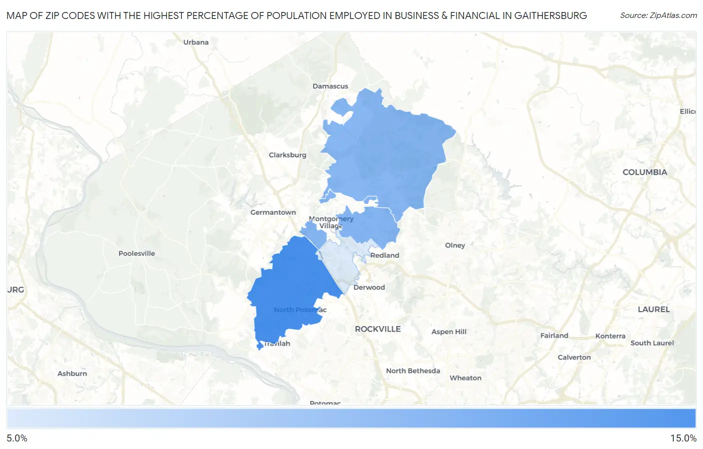 Zip Codes with the Highest Percentage of Population Employed in Business & Financial in Gaithersburg Map