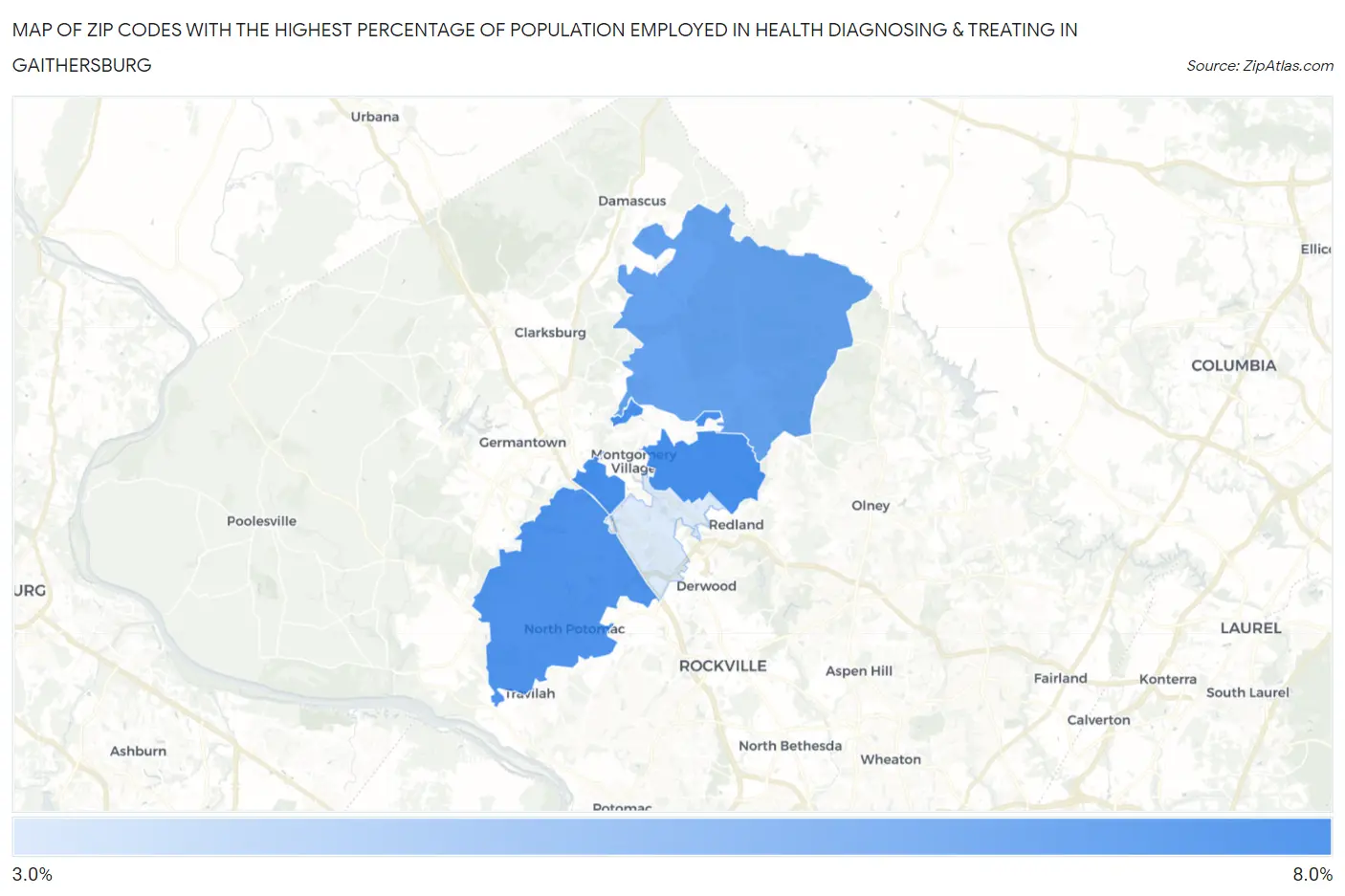 Zip Codes with the Highest Percentage of Population Employed in Health Diagnosing & Treating in Gaithersburg Map