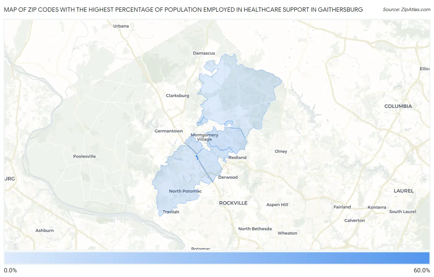 Zip Codes with the Highest Percentage of Population Employed in Healthcare Support in Gaithersburg Map