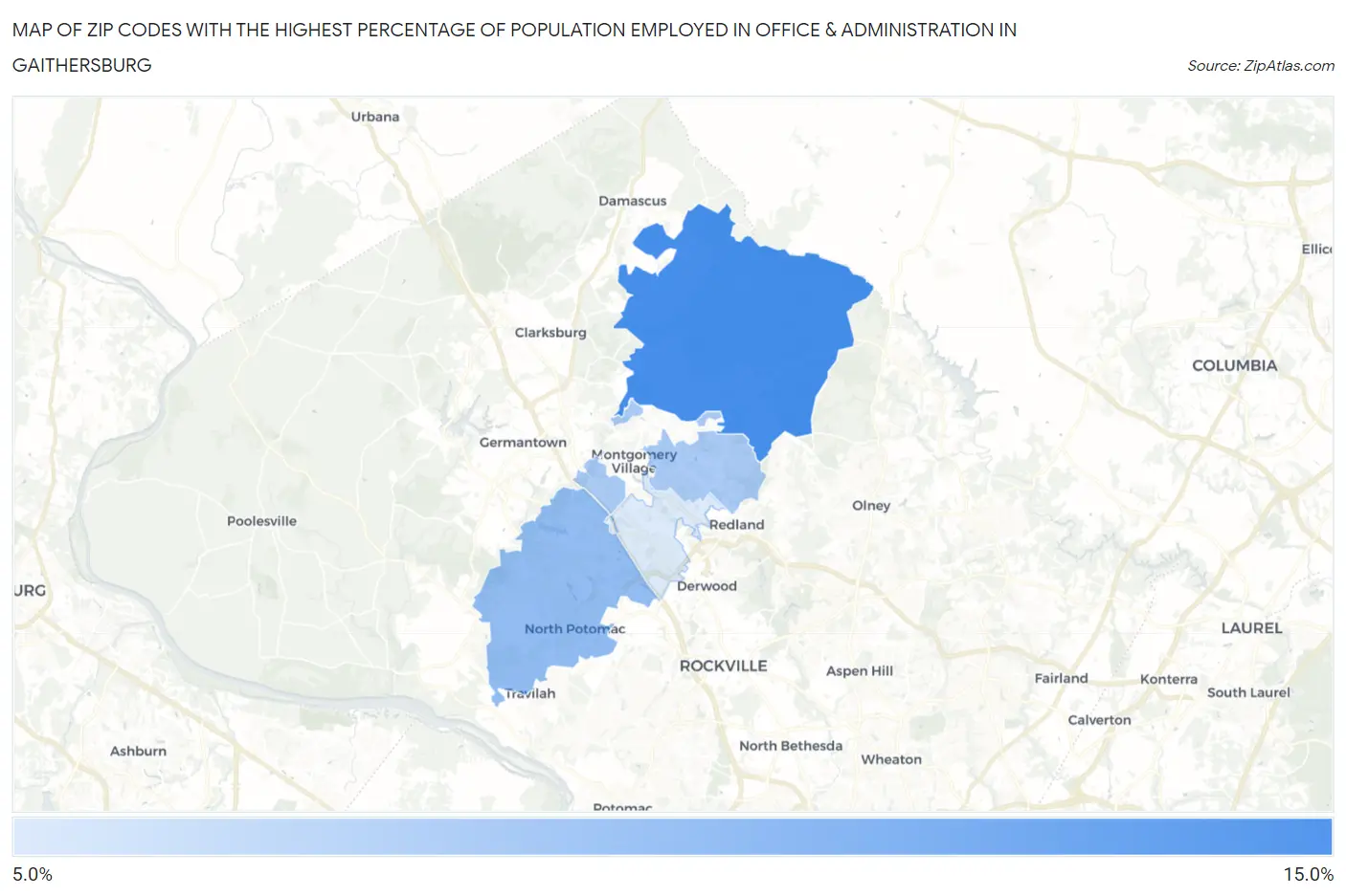 Zip Codes with the Highest Percentage of Population Employed in Office & Administration in Gaithersburg Map