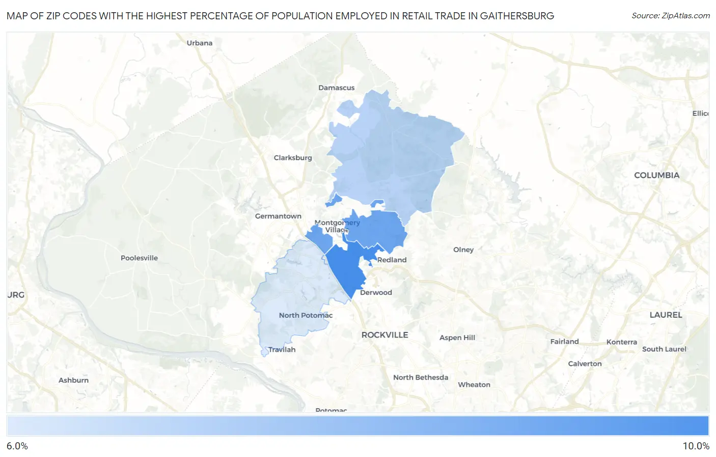 Zip Codes with the Highest Percentage of Population Employed in Retail Trade in Gaithersburg Map