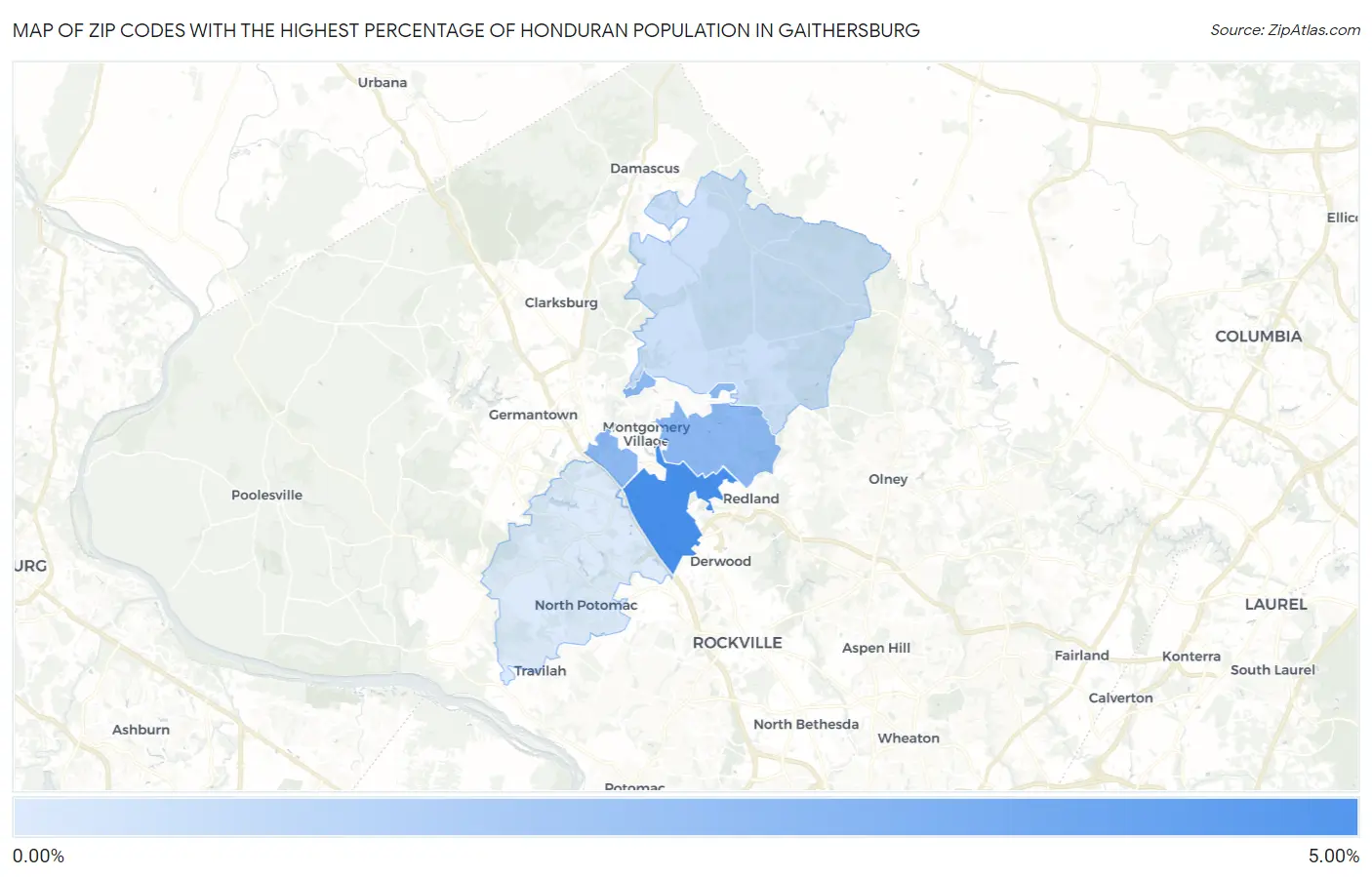 Zip Codes with the Highest Percentage of Honduran Population in Gaithersburg Map