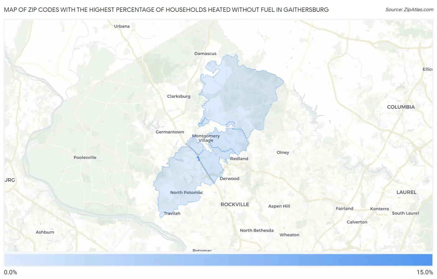 Zip Codes with the Highest Percentage of Households Heated without Fuel in Gaithersburg Map