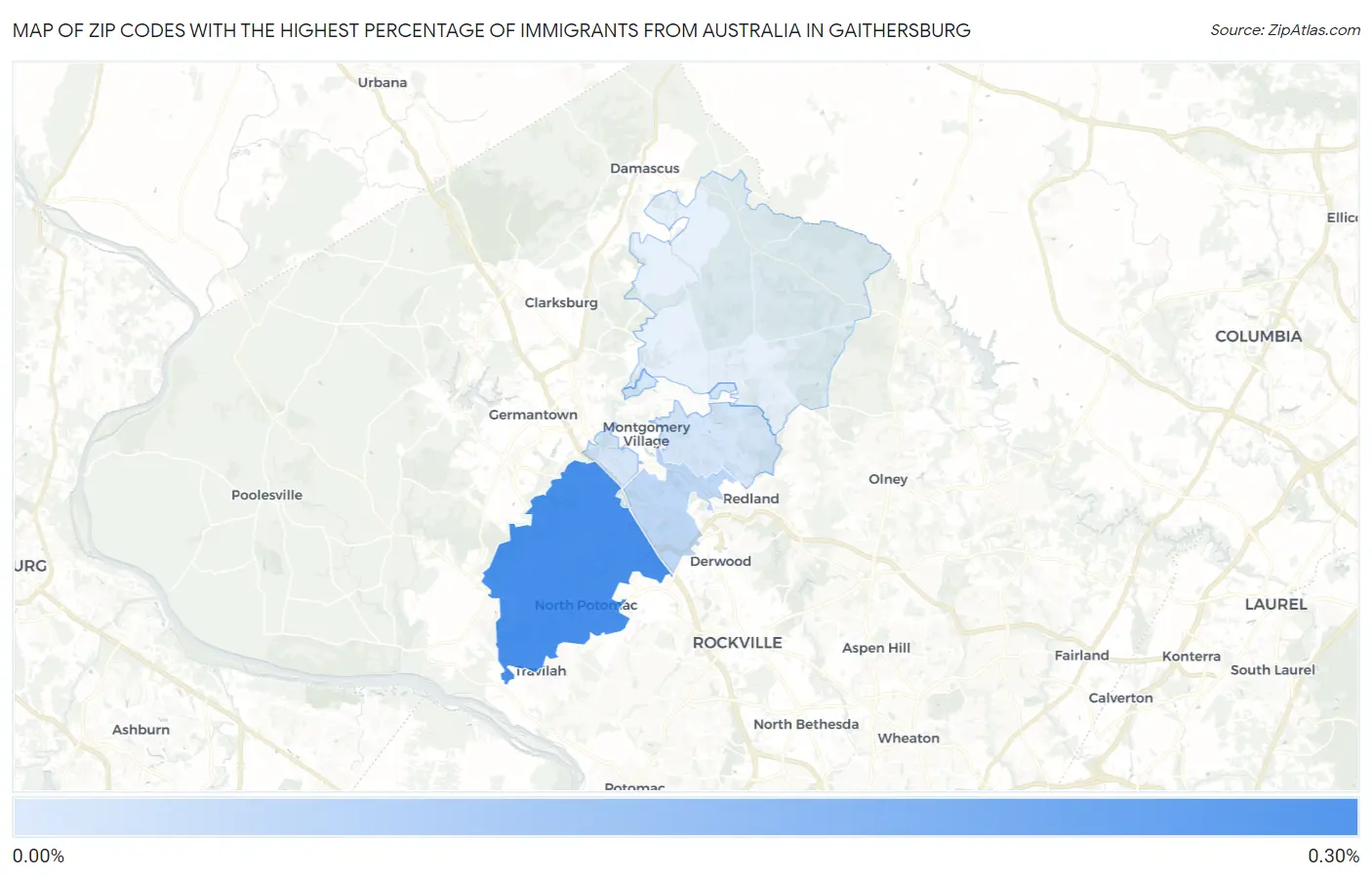 Zip Codes with the Highest Percentage of Immigrants from Australia in Gaithersburg Map