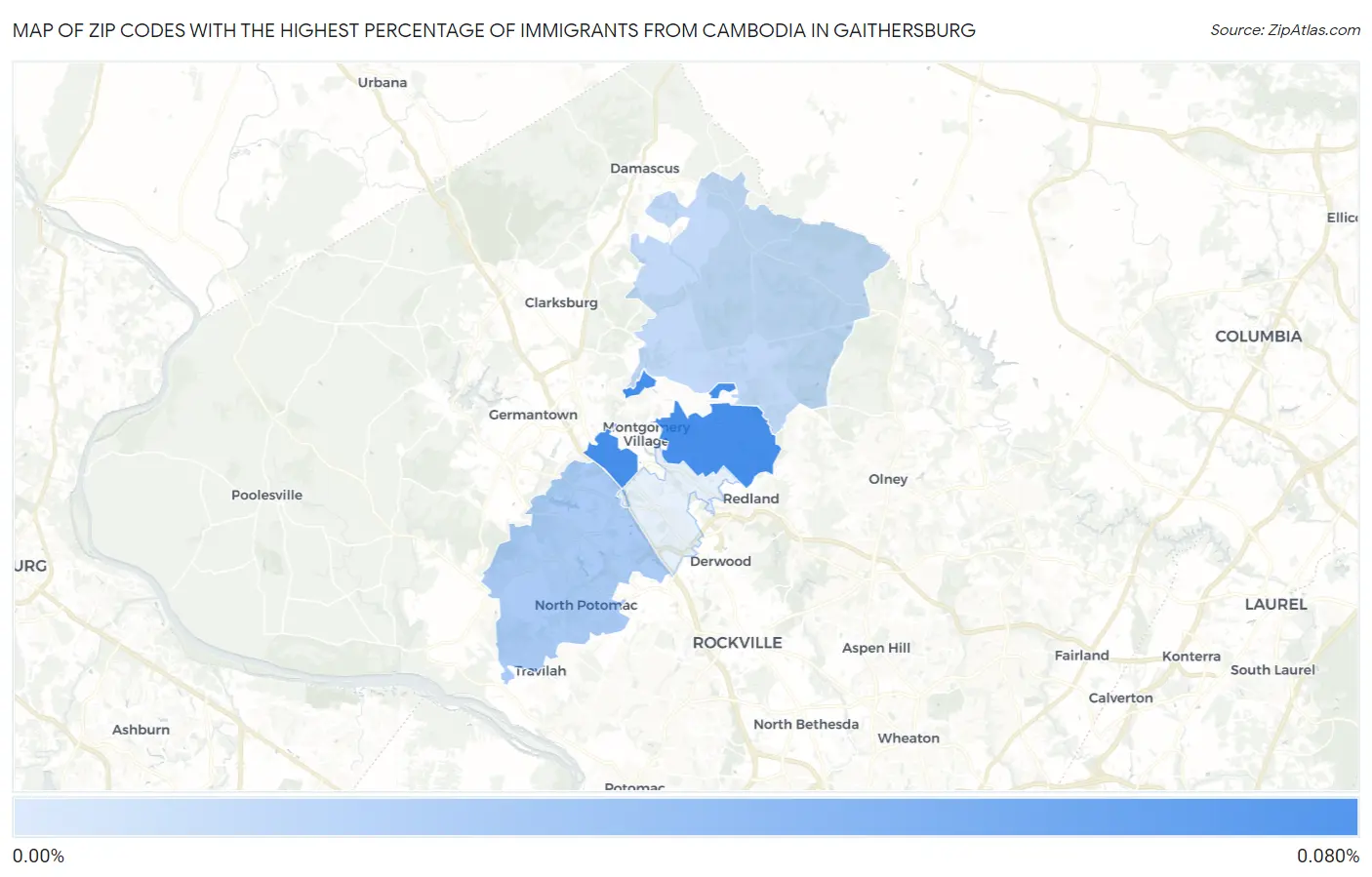 Zip Codes with the Highest Percentage of Immigrants from Cambodia in Gaithersburg Map