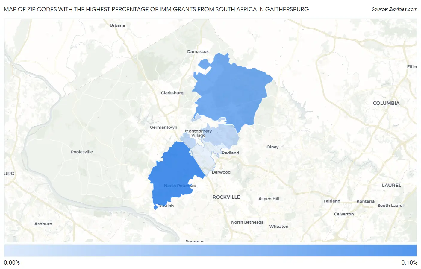 Zip Codes with the Highest Percentage of Immigrants from South Africa in Gaithersburg Map